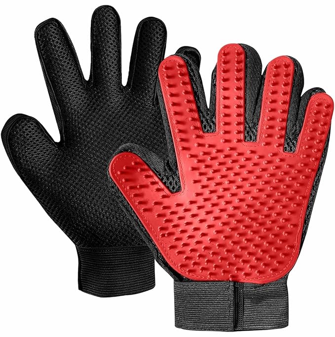 Premium Pet Grooming Gloves, Silicone Massage Brush for Dogs and Cats, Adjustable Size 9.13x6.77 Inch, Hair Removal and Bathing Tool (Red)