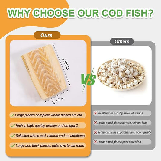 Freeze Dried Cod Dog & Cat Treats - Single Ingredient, High Protein, Rich in Omega-3 Supports Joint, Skin Coat Health, Large Piece Training Snacks (14-15 Pcs)