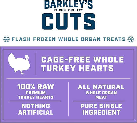 Barkley’s Cuts, Frozen Raw Diced Turkey Hearts Dog Treats, Single Ingredient, Flash Frozen, High Protein Training Treats and Food Toppers for Puppies and Dogs, Human Grade Ingredients, 16 Oz Bag