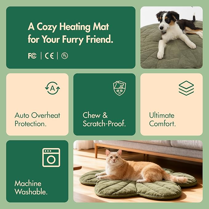 Large Dog Heating Pad Waterproof Electric Heated Beds, Pet Pads for Indoor Outdoor, Adjustable Temperature, Chew Resistant Cord, Washable Green Clover Cat Heating Pad Non Slip Bottom(35"X27")