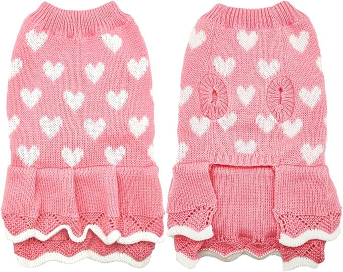 Lovely Heart Pattern Designs Dog Sweater Dress for Valentines Day Small Pet Winter Knitwear Birthday Gift Supply Knitdress