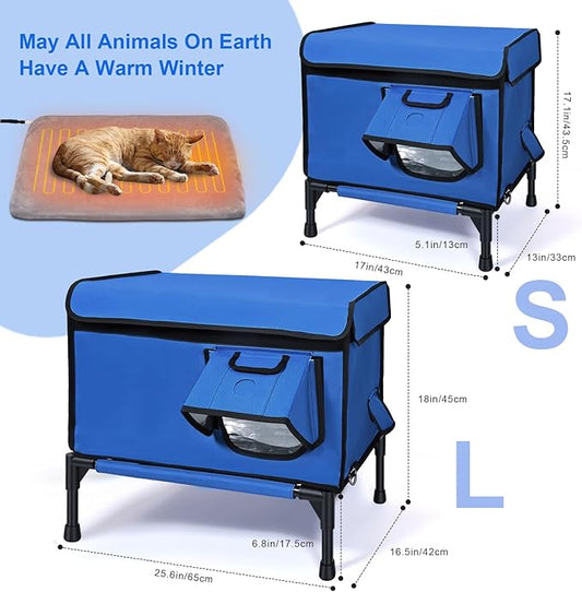 Elevated Heated Outdoor Cat House - 100% Weatherproof Insulated Outdoor Cat Shelter with Safe Escape Door & Removable Heating Pad, Warm Heated Cat House for Outside Stray/Feral/Barn Cat