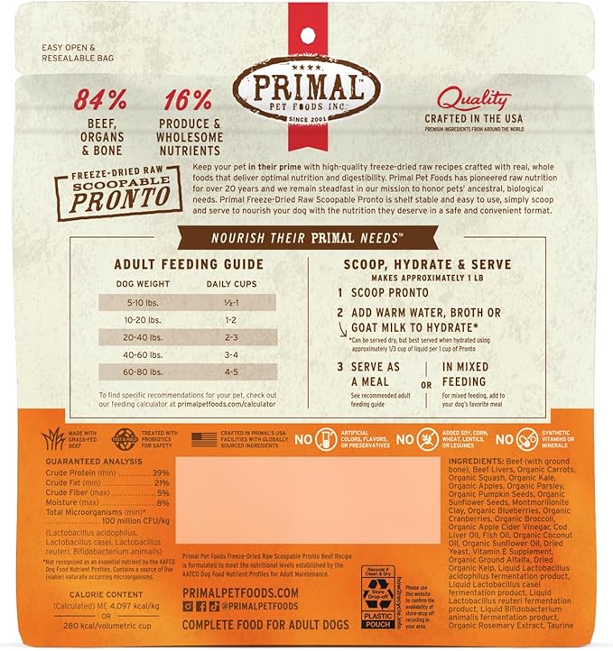 Primal Freeze Dried Dog Food, Pronto Mini Nuggets, Beef; Scoop & Serve, Complete & Balanced Meal; Also Use as Topper or Treat; Premium, Healthy, Grain Free High Protein Raw Dog Food (7 oz)