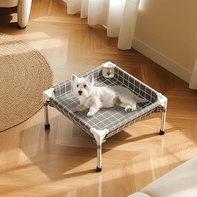 4-Sided Enclosed Elevated Dog Bed - Scratch-Resistant Stainless Steel Frame, Safety Fences to Prevent Falling, Ideal for Puppies & Cats, Indoor & Outdoor Use, Patio/Camping Friendly