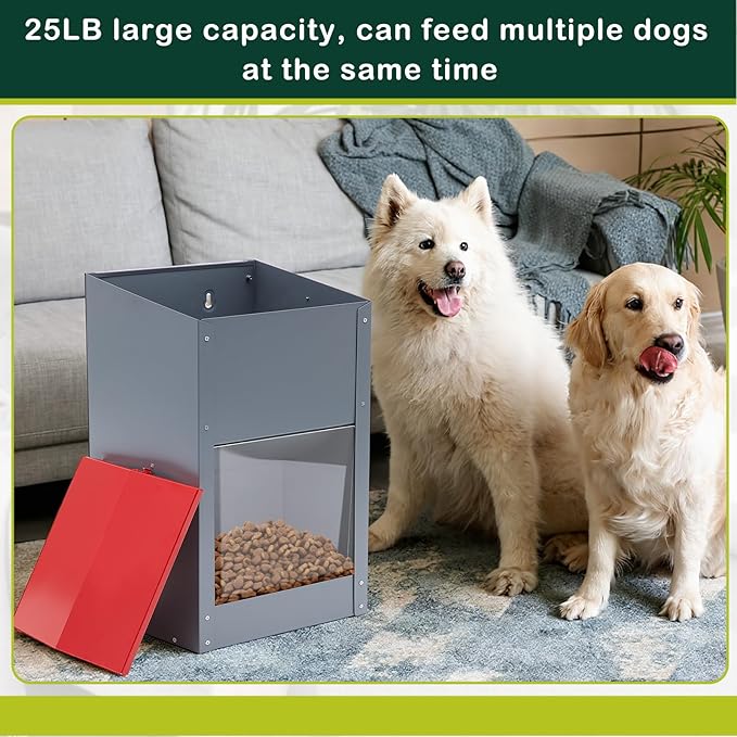 4 Pcs 25 Lbs Large Galvanized Automatic Dog Feeder Dog Food Dispenser with Handle Acrylic Panel Galvanized Gravity Feeder Thickened Rust Proof Outdoor Hanging for Doggie Breed Food Container