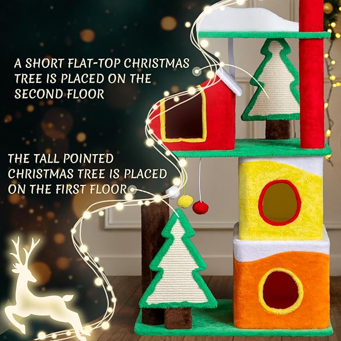 Outvita 56in Christmas Themed Plush Cat Tree, Multi-Level Cat Tower with Cat Condos, Top Crown Perch, Sisal Ramp Scratching Posts, Large Cat Pet Activity Center for Indoor Cats