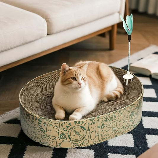Cat Scratcher Cardboard 2in1 Oval Cat Scratcher Bed for Indoor Cats Cat Scratch Pad Bowl with Scratching Toy Corrugated Lounge Bed&Furniture Protector &Training Toy XL(Green)