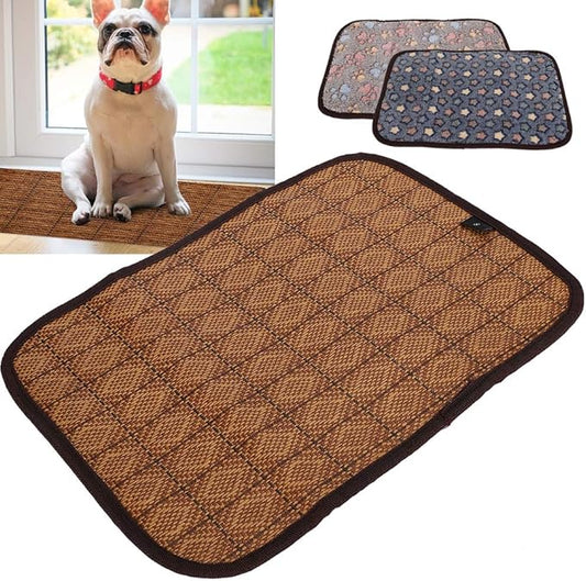 AYNEFY Doublesided Pet Mat Dog Daily Supplies Rattan and Warm Plush Cat Dog Bed for Summer Winter Use with Strong Edging for Cages Or Floor Doublesided Pet Mat Soft Breathable Cooling (L)