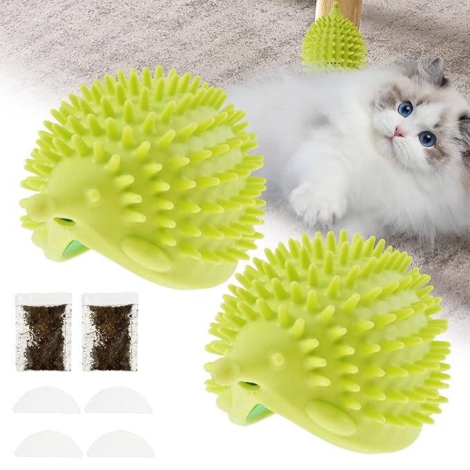 2Pcs Self Grooming Cat Brush, Hedgehog Shape Cat Corner Tickler, Cat Wall Brush, Wall Mount Corner Cat Face Scratcher, Cat Hair Brush Soft Silicone Corner Cat Grooming Brush for Indoor Use