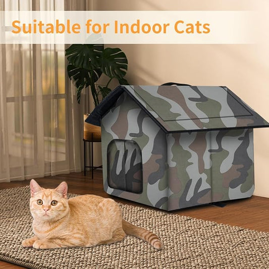 Cat House for Outdoor Cats, Weatherproof Feral Cat House with Mat and Doors, Easy to Put Together, Collapsible Warm Pet Nest Kitty Shelter for Winter, Never Blow Away
