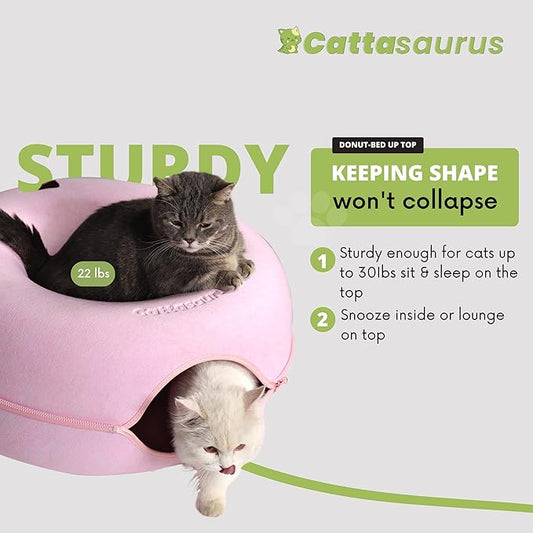 Cattasaurus Peekaboo Cat Cave Donut for Multiple & Large Cats up to 30-45 lbs, 3-in-1 Self Warming Cat Bed, Tunnel & Scratcher for Indoor Cats, Washable & Detachable Small Dog Bed (Pink, Large)