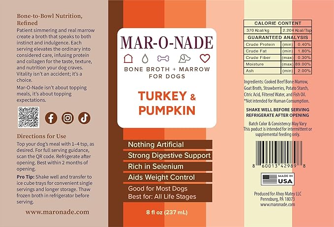 Bone Broth + Marrow Topper for Dogs - Turkey & Pumpkin, 8 fl oz - Grain-Free, AAFCO-Compliant, Small-Batch Nutritional Topper