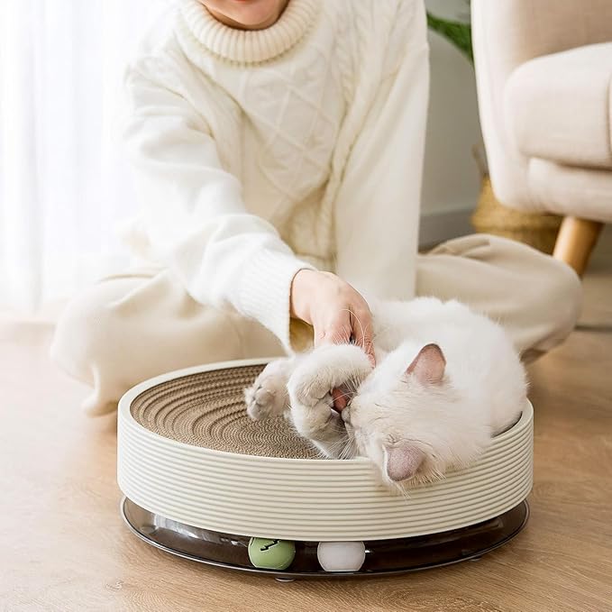 Cat Scratch Pad for Indoor Cat Round Cardboard Cat Scratcher Bed with Cat Ball Toy Ringing Bell for Multi-Cat Households Horizontal Nail File Sleep Fun All-in-One