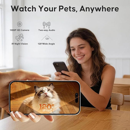 Automatic Cat Feeder with Camera,WiFi Cat Food Dispenser with App Control,1080P HD Video,Two-Way Audio, Transparent 4.2L Food Container (White)