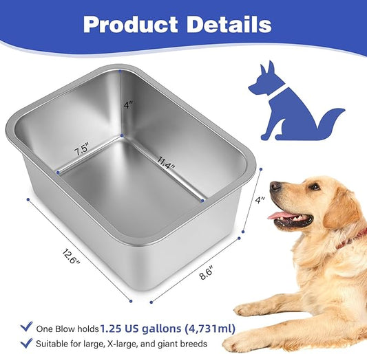 1.25 Gallons Large Dog Water Bowl, 2PCS Stainless Steel Metal Dog Bowls, Large Capacity Pet Food Bowl Water Dish for Indoor and Outdoor Universal for Small & Medium Dogs 12.6''×8.7''×3.9''