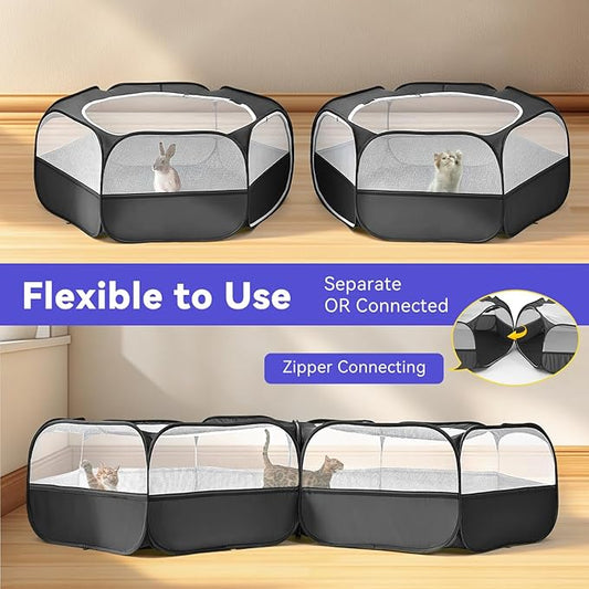 Pawaboo Extra Large 2-in-1 Small Animals Playpen, 2 Detachable Pet Cage Tent with Zipper Splicing, Portable Outdoor Yard Fence with 3 Metal Rod for Chick/Kitten/Puppy/Guinea Pig/Rabbits, Black