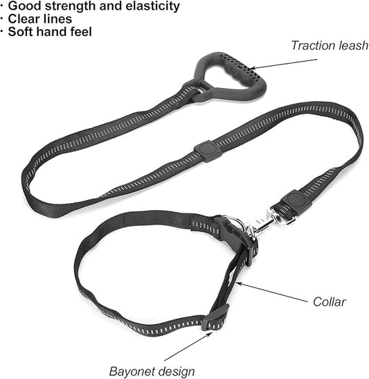 Heavy Duty Dog Leash Collar Set, Adjustable Nylon Leash with Soft PP Handle, Durable Rope Leash Collar for Small Medium Large Dogs, Pet Supply with Shock - Absorbing (Black)