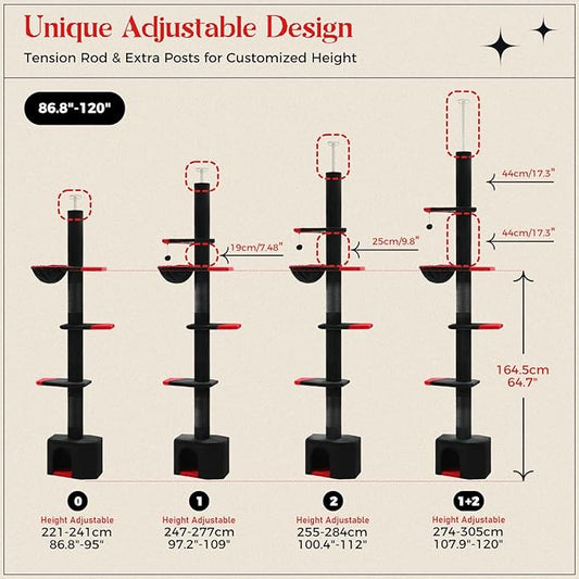 PAWZ Road Gothic Cat Tree, Floor to Ceiling Cat Tower with Adjustable Height (86.8-120 Inches), 5 Tiers Black Cat Condo with Cozy Hammock, Fully Scratching Posts and Dangling Balls for Indoor Cats