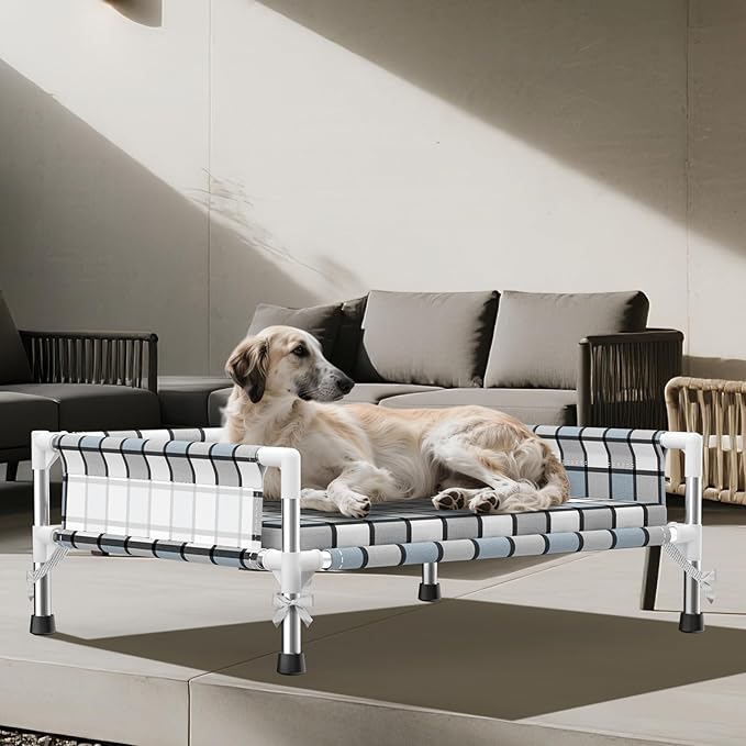 Elevated Raised Outdoor Dog Bed - Cooling Washable Dog Cot with Guardrail, Durable & Breathable Cotton Mesh Pet Hammock Beds with Stainless Steel Pipe Frame for Small Pets (Cushion-M)
