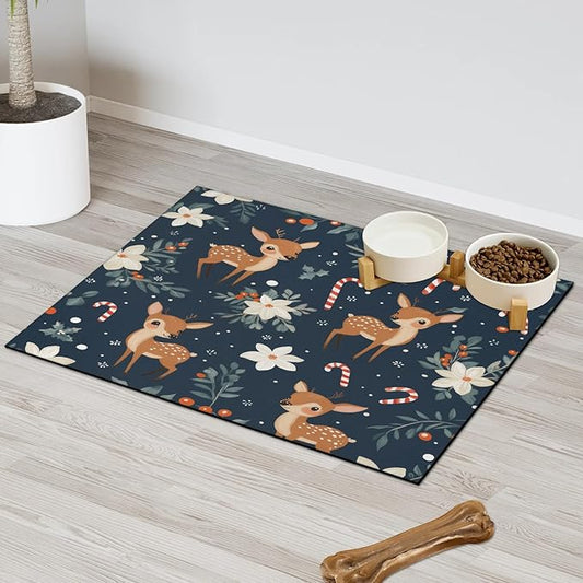 Xmas Elk Dog Food Mat for Floors Absorbent, Quick Dry Water Dispenser Mat for Food, Water, Pet Supplies 16" x 24", Christmas Holly