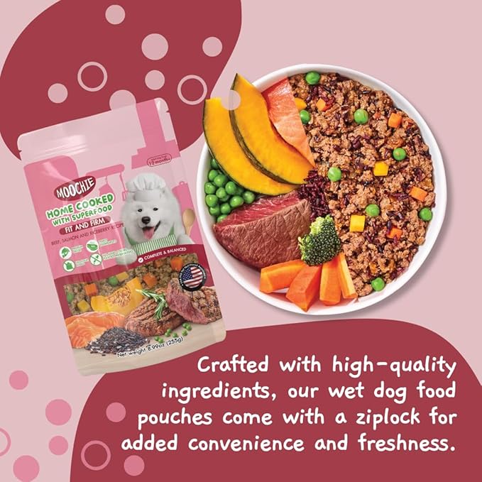 MOOCHIE Home Cooked Superfood Wet Dog Food - Fit & Firm - Beef, Salmon & Riceberry - No Artificial Flavors or Preservative - 6 x 9 oz Pouch