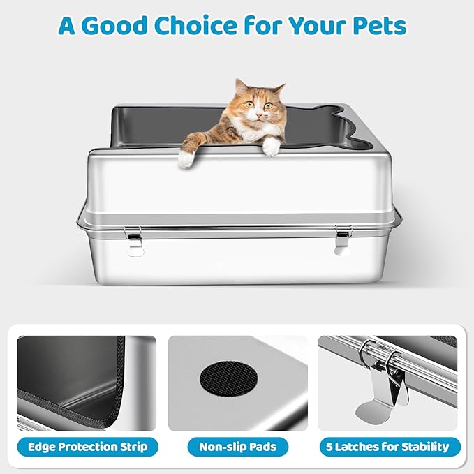 Extra Large Stainless Steel Cat Litter Box, 27.5" L x 19.7" W x 14" H XXXL Semi Enclosed Removable Metal Litter Tray with High Sided Enclosure, Scoop, Anti-Leakage, Non-Sticky, Easy Cleaning