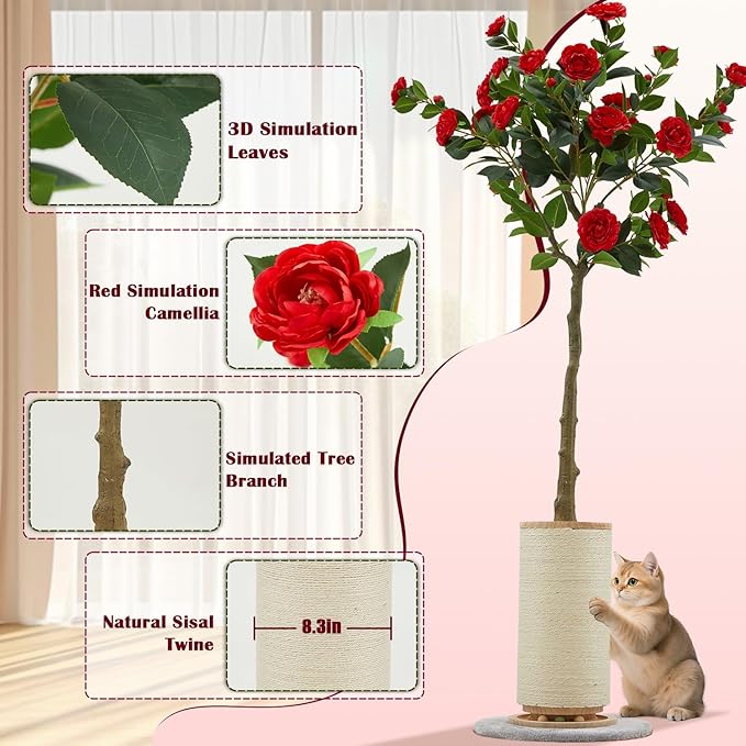 70.9'' Tall Cat Scratching Post,Artificial Camellia Tree Extra-Large Scratcher for Indoor Cats Adult,8.3'' Thick Natural Sisal Rope Post with Interactive Ball Toy (flower-70.9inch)