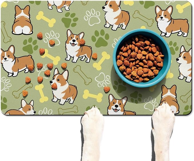 Absorbent Dog Food Mat for Floors, Non-Slip Pet Feeding Mat for Food and Water, Quick Dry Cat Bowl Placemat with Cute Corgi Pattern, No Stains Puppy Water Mat, Pet Supplies (Green, 12" x 20")