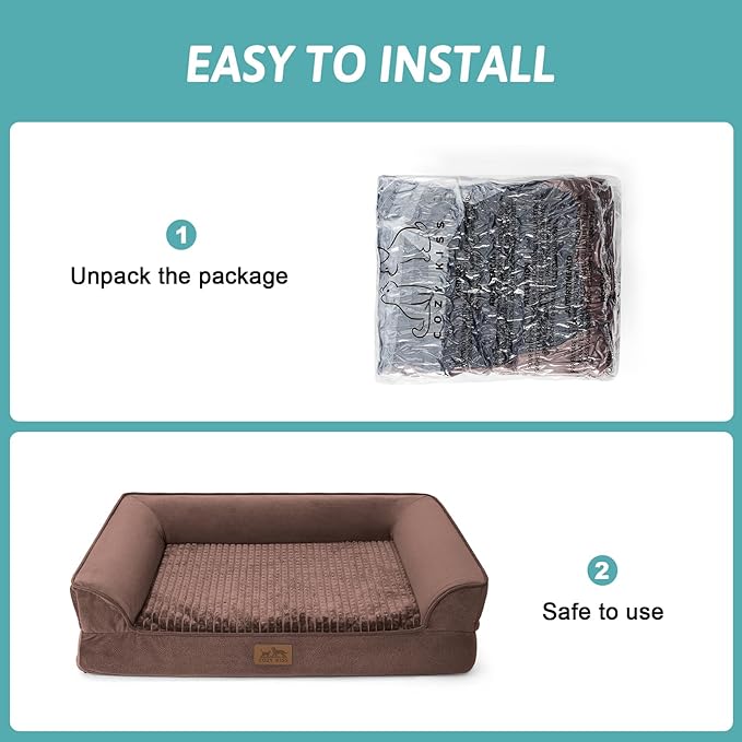 Orthopedic Large Dog Beds, Bolster Pet Couch with Waterproof Lining, Egg Crate Foam Sofa for Pets Up to 65 lbs, U-Shaped, 36x27x7.5 inch, Brown