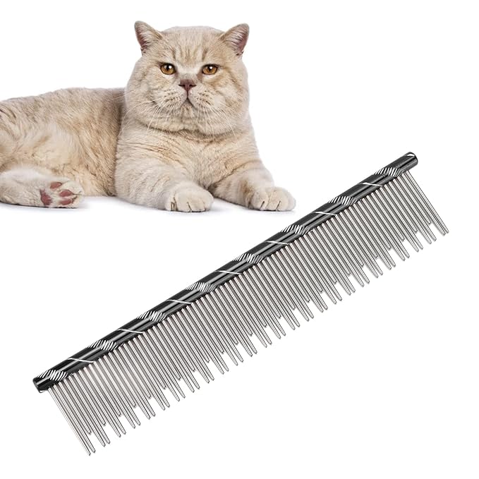 Pet Hair Removal Comb, Stainless Steel Cat Grooming Tool with Dual - Density Teeth, Open Knot Comb for Long and Short Haired Cats, Ergonomic Non - Slip Handle (Black)