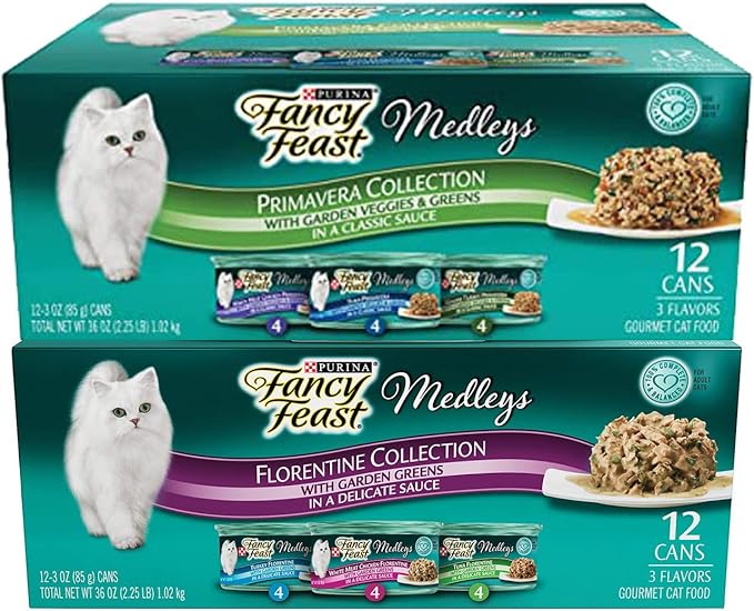 Fancy Feast Duo Premavera & Florentine Set Cat Food Wet Medleys (1 Pack Each Primavera & Florentine, 24 cans Total)