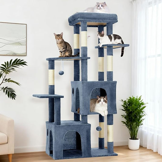 GarveeLife 61" Multi-Level Cat Tree for Indoor Cats, Heavy-Duty Tower for Large Adult & Maine Coon Cats with Oversized Perch, Dual Condos, Natural Sisal Scratching Posts & Play Toys – Light Blue