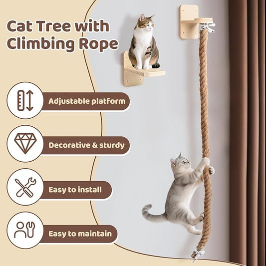 Cat Climbing Wall, Wall Mounted Cat Ladder, Cats Climbings Pole with 59in Climbing Rope, Larger and Wider Base Cats Ladder for Walls with Scratching Post (2m/78.7in Long)