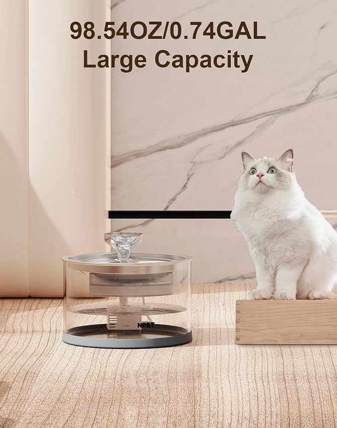 NPET N280 Cat Water Fountain Glass, 95oz/2.8L Automatic Pet Fountain Dog Stainless Steel Tray, Water Dispenser for Cats, Dogs, Multiple Pets (Water Fountain + 5 Filters)