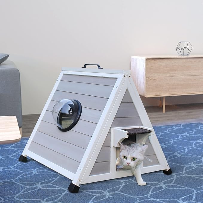 Deblue Outdoor Cat House for Feral Cats, Weatherproof Wooden Cat House for Small Pets, Unique Cat Shelter with Escape Door, Clear Window-Grey