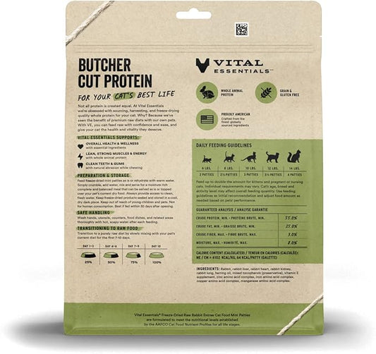 Vital Essentials Freeze Dried Cat Food, Raw Rabbit Mini Patties | Complete Meal or Topper | Easy to Portion and Rehydrate | High Protein, Grain Free Dry Cat Food | 8 oz Bag