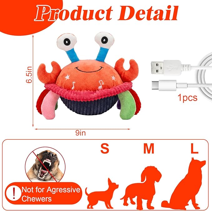 Mity rain Interactive Dog Toys Crab with Thicken Plush, Moving Dog Toy with Recording Mode Shaking & Singing Mode Bouncing, Funny Ball Jumping to Keep Them Busy and Chase, Rechargeable