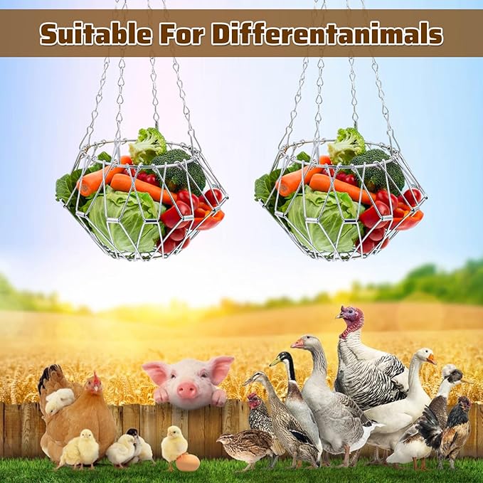 2 Pack Hanging Chicken Feeder, 9.2IN Large Foldable Chicken Treat Dispenser Vegetable and Fruit Food Utensils Basket,Sack Coop Rabbit Hens Duck Poultry Bowl with 4pcs Hanging Chain