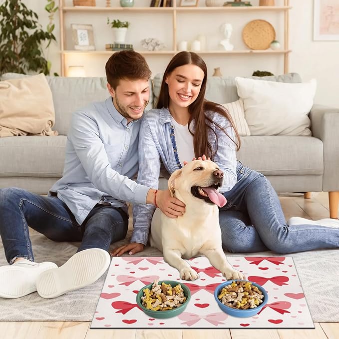 Bow Dog Food Mat for Floors Absorbent, Quick Dry Water Dispenser Mat for Food, Water, Pet Supplies 24" x 32", Love
