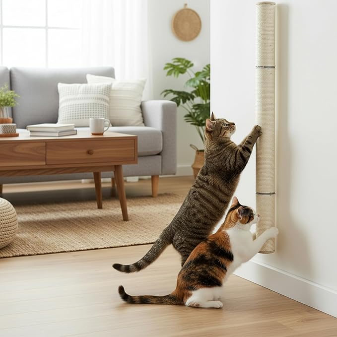PowerKing 32" Wall Mounted Cat Scratcher,Extra Tall Sisal Cat Scratching Post for Large Indoor Cats, Space-Saving Vertical Wall Cat Climbing Pole with Natural Wood & 360° Rotating Design