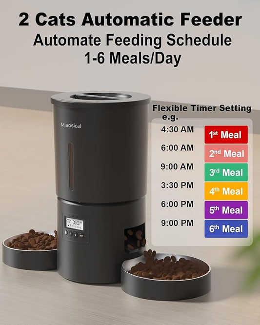 Automatic Cat Feeder for 2 Cats,6 Meals/Day,12 Portions/Meal,Dual Power Double Bowls,Dry Pet Food Autofeeder,10S Voice Record,Flexible Programmable Schedule Timer