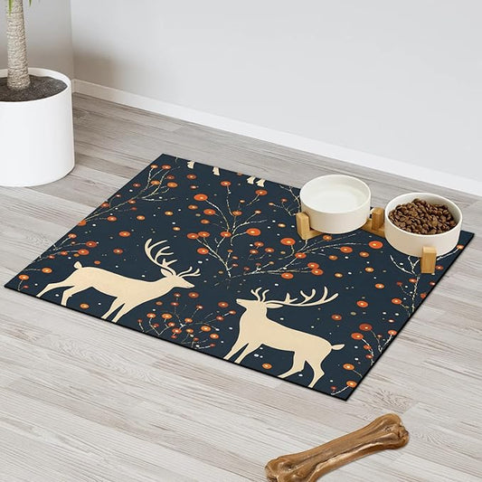 Christmas Deer Dog Food Mat for Floors Absorbent, Quick Dry Water Dispenser Mat for Food, Water, Pet Supplies 17" x 30", Holly