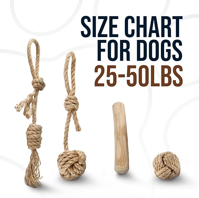 4Pcs Coffee Wood Chew Stick & Hemp Dog Ball Toy for Small & Medium Dog 25-50lbs, 100% Natural, Teething Chewing Interactive to Keep Them Busy, Wood Chew Toy for Birthday