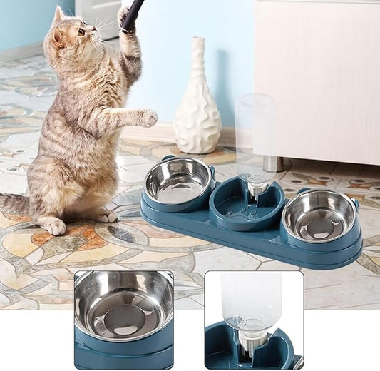 Elevated Double Bowl Pet Feeders with Automatic Water Dispenser Antislip Base for Dog Cats Daily Feeding Watering Supply - Pink - Version