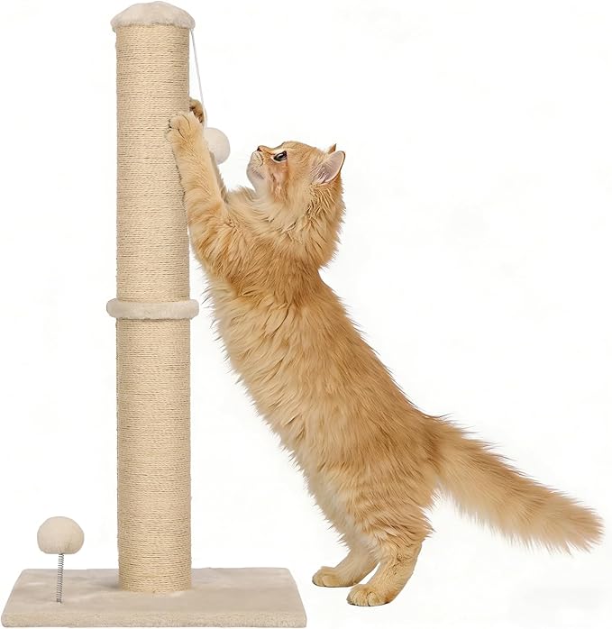 33" Tall Cat Scratching Post, 3-in-1 Durable Sisal Vertical Cat Scratcher Post with Hanging Ball, Sturdy Cat Scratch Pole with Soft Fabric Base for Indoor Cats at All Ages, Beige