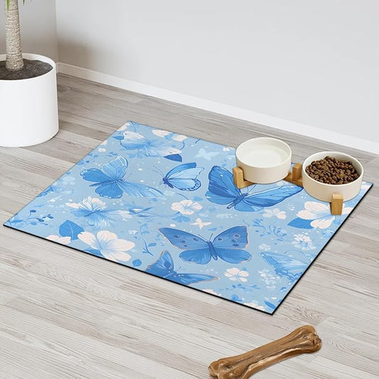 Blue Butterfly Dog Food Mat for Floors Absorbent, Quick Dry Water Dispenser Mat for Food, Water, Pet Supplies 12" x 20", Spring Flower