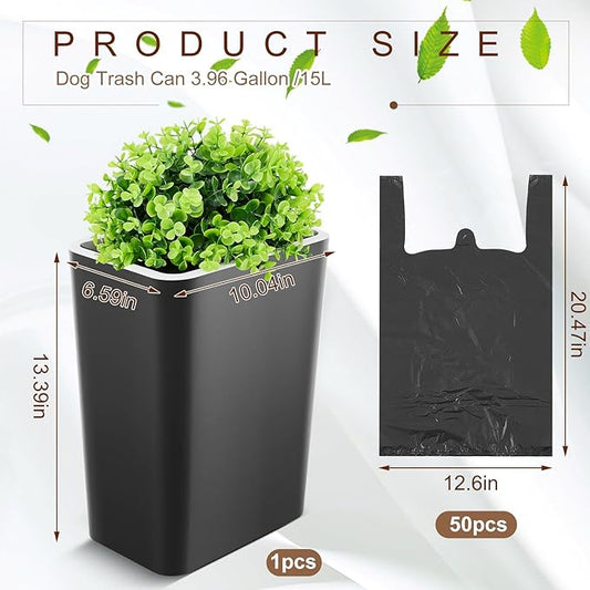 Dog Poop Trash Can Outside 3.96 Gal/15 L Plant Styled Dog Waste Trash Can with Lid 50 Pcs Plastic Waste Bags Outdoor Indoor Poop Container Slim Garbage Bin for Yard Garden Pet (Black)