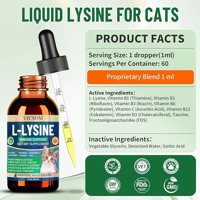 Cat L-lysine Supplement for Cats, Liquid Lysine for Cats - Immune Support Lysine Drops for Feline Respiratory, Sneezing, Runny Nose, Eye Function, Natural Strengthen Defenses, Chicken Flavor 60 ML