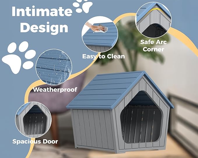 DRATO Dog House Outdoor Indoor Cozy Small Dog Houses Durable Resin Material Houses for Dogs Outside Weatherproof Pet Shelter for Patio, Porch, Living Room (Blue)
