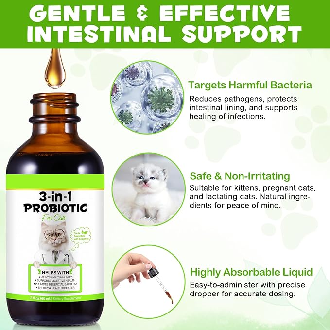 3-in-1 Probiotics for Cats with Digestive Enzymes & Prebiotics, 2 Pack for Cats of All Ages, Immune System & Diarrhea Relief, Supports Gut Health